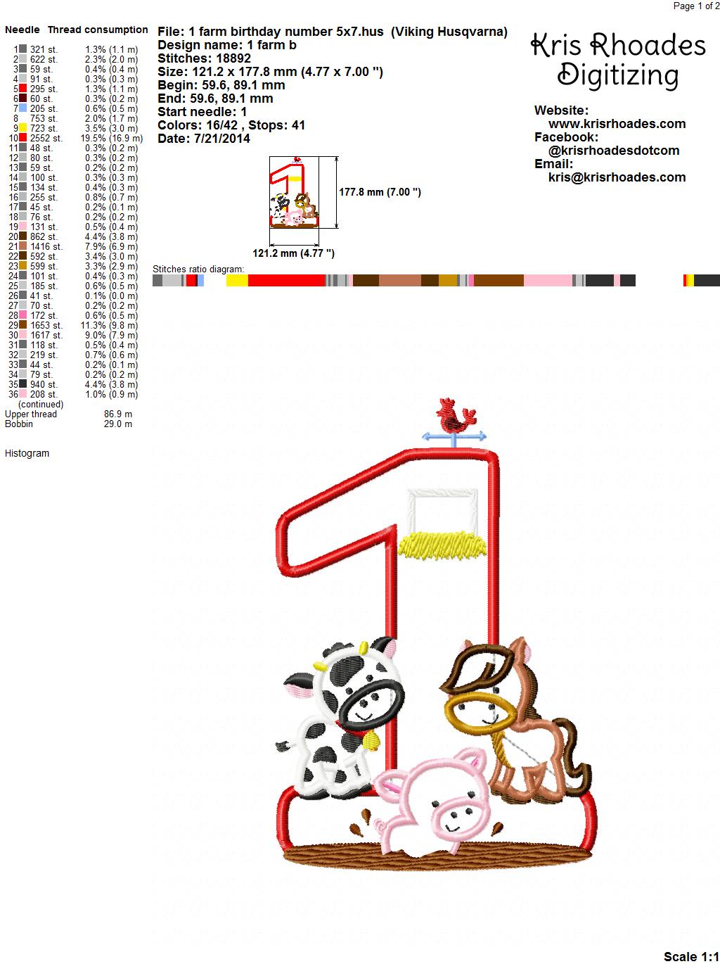 KRD Farm Animals Birthday Applique Number 1