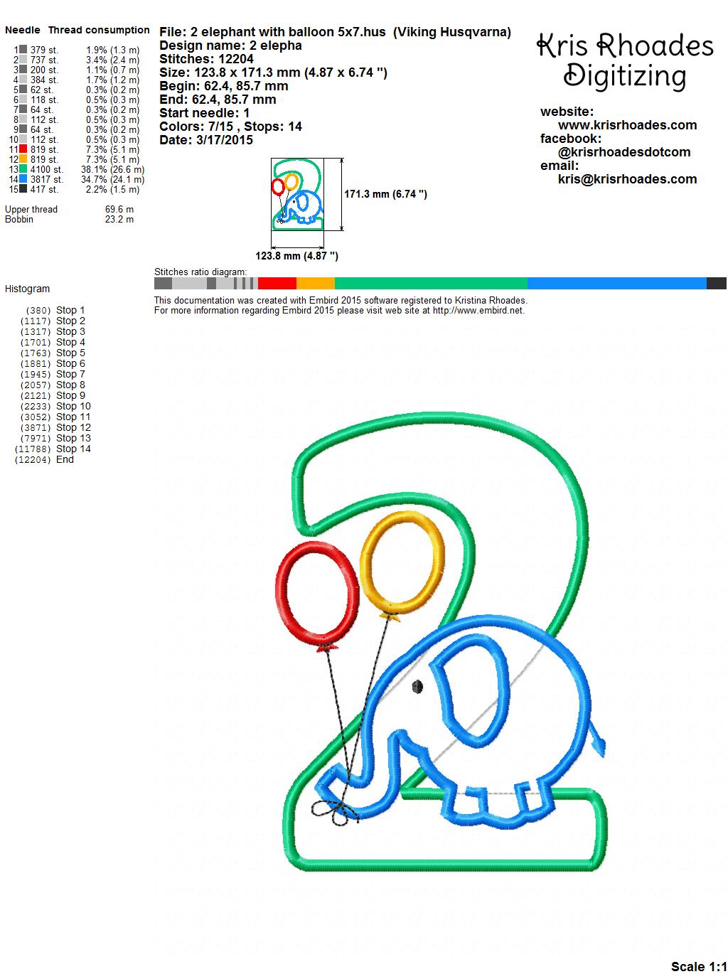 KRD Elephant with Balloons Birthday Applique Number 2