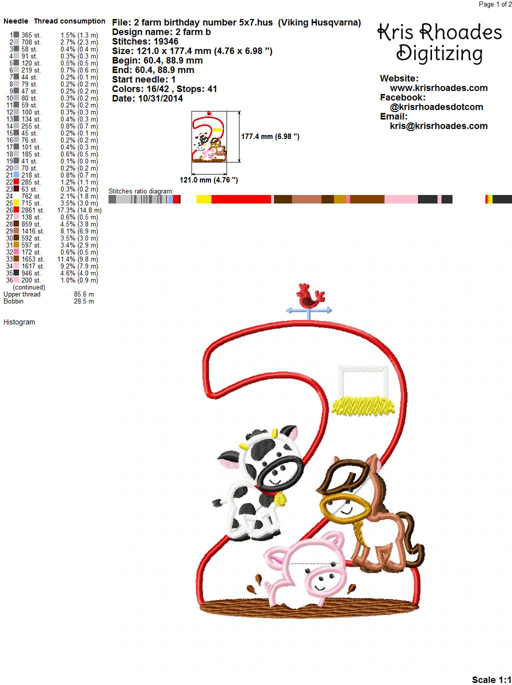 KRD Farm Animals Birthday Applique Number 2