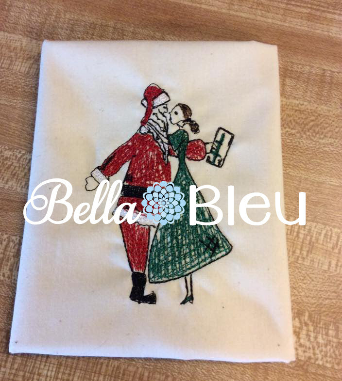 Machine Embroidery Design, Christmas 1950's Retro Mommy Kissing Santa Claus Filled line art