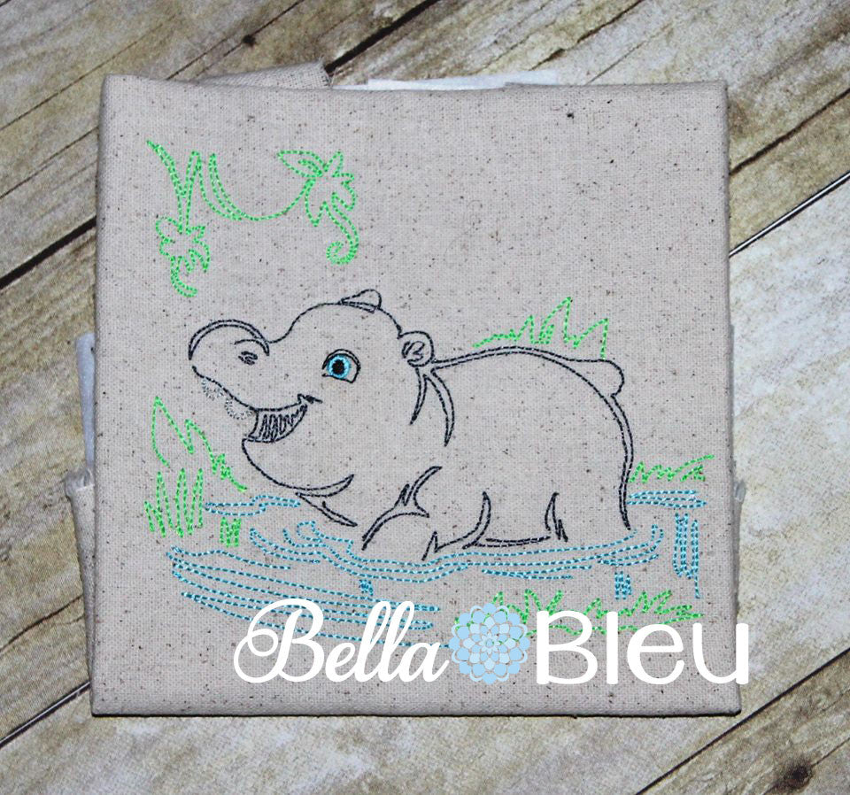 Jungle Hippo Colorwork Redwork Embroidery machine design
