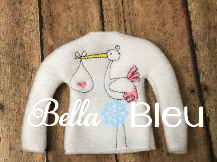 In the hoop Elf sweater shirt "Stork new Baby" machine embroidery design