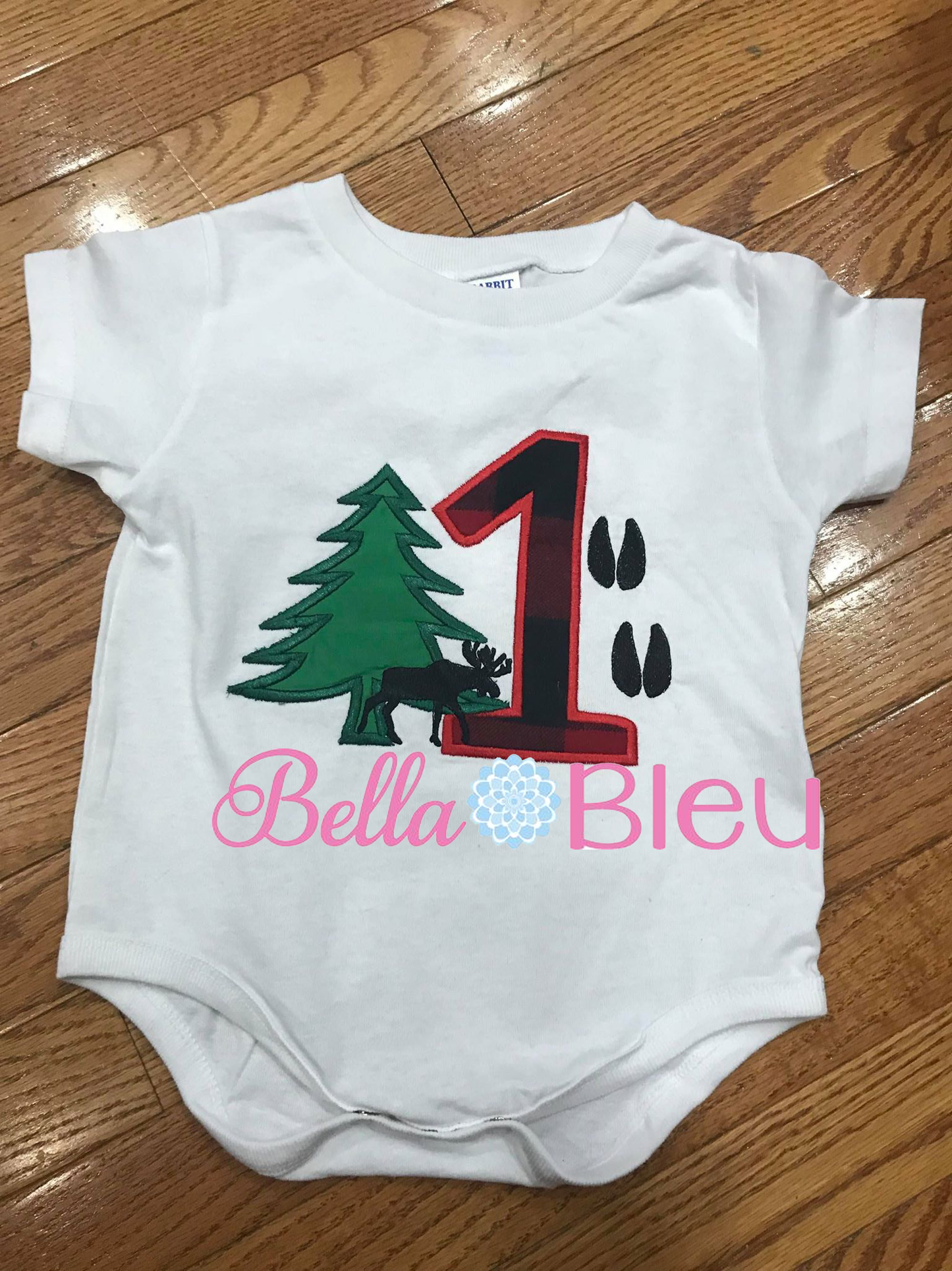 Baby's 1st First Birthday Lumberjack theme with pine tree , moose and deer tracks
