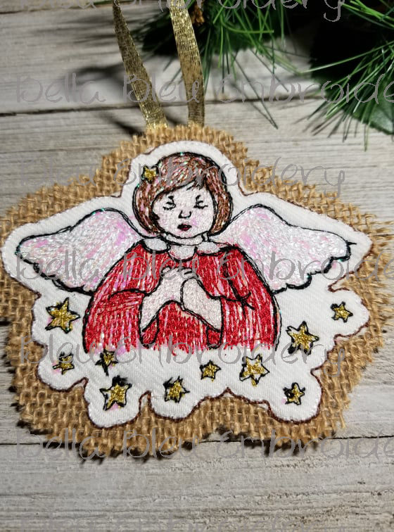 ITH Ornament Angel Girl with Stars Christmas Scribble