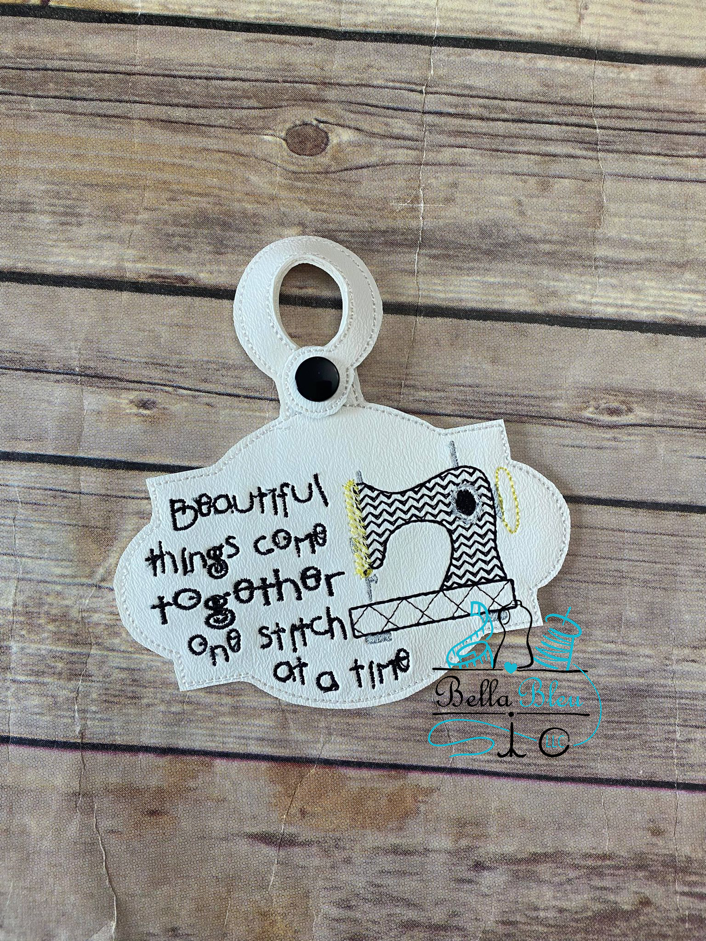 Sewing Machine Motif Saying ITH Bag Tag fob