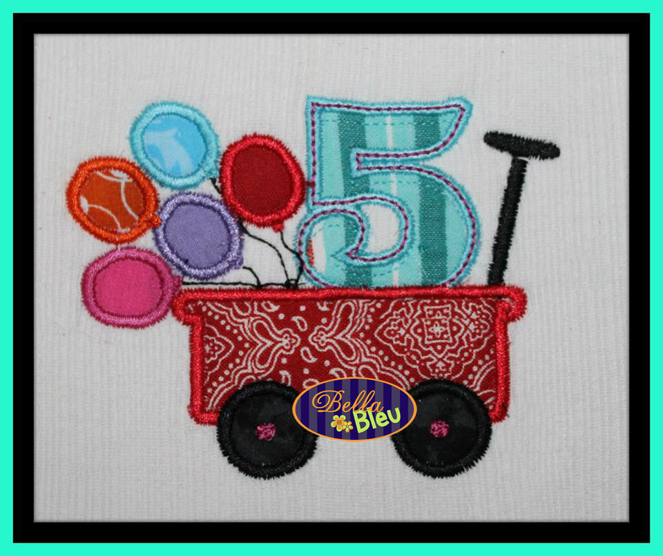 Little Red Wagon 5th Fifth Birthday with Balloons Machine Embroidery Design
