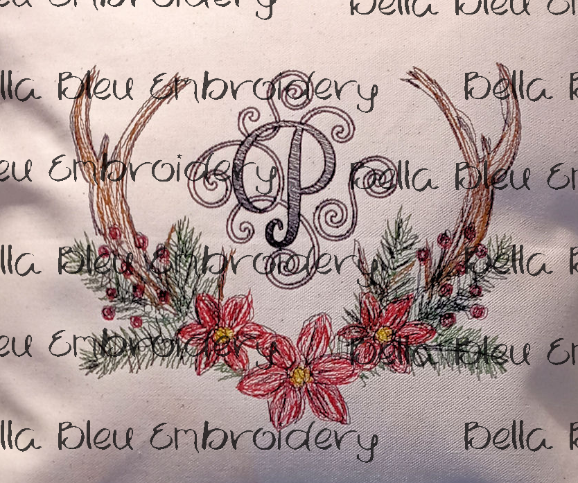 Christmas Deer Antler with Poinsettias' Scribble Monogram frame