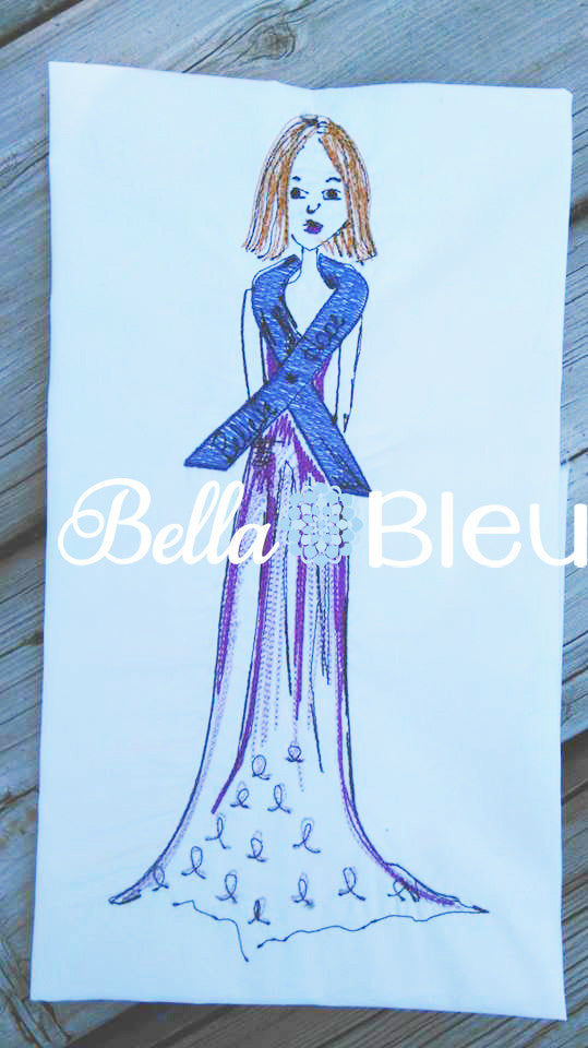 Lady in Pink Breast Cancer Ribbon Dress Filled line art Fight Machine Embroidery Design