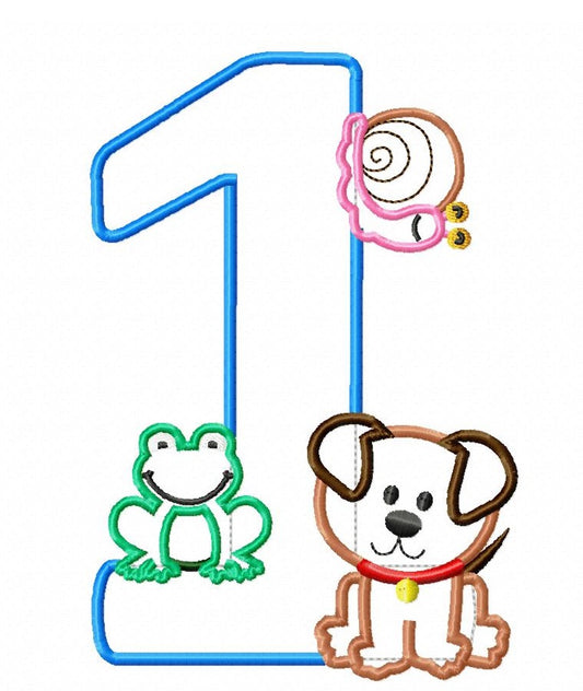 KRD 1st Birthday Frog, Snails & Tails Applique Number