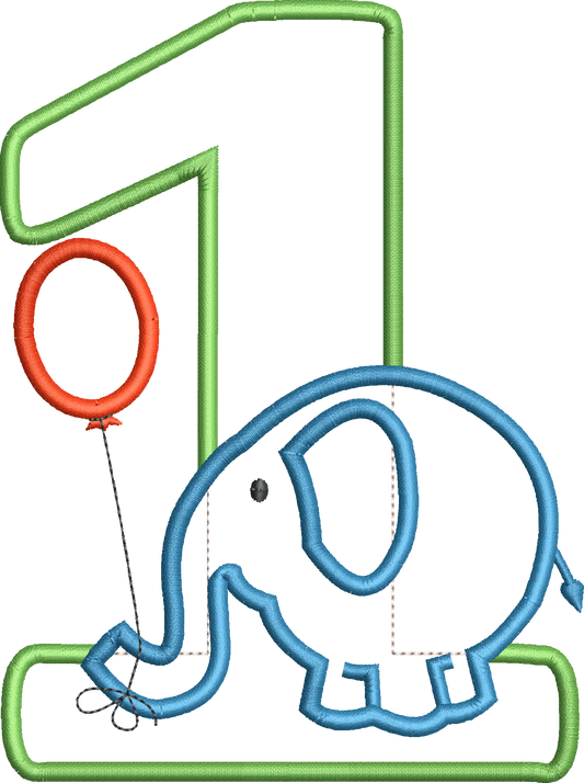 KRD Elephant with Balloons Birthday Applique Number 1