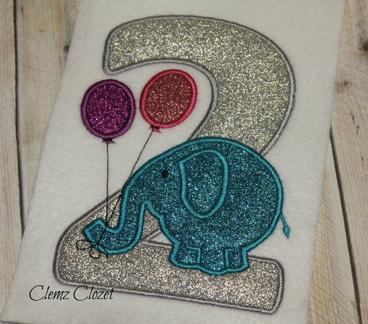KRD Elephant with Balloons Birthday Applique Number 2
