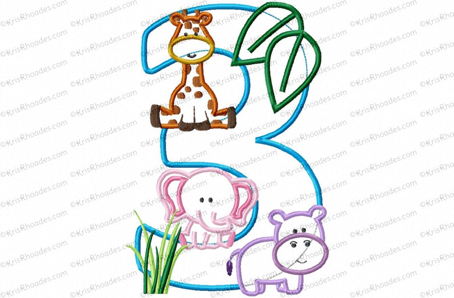 KRD Jungle Safari Zoo Birthday Applique Number 3