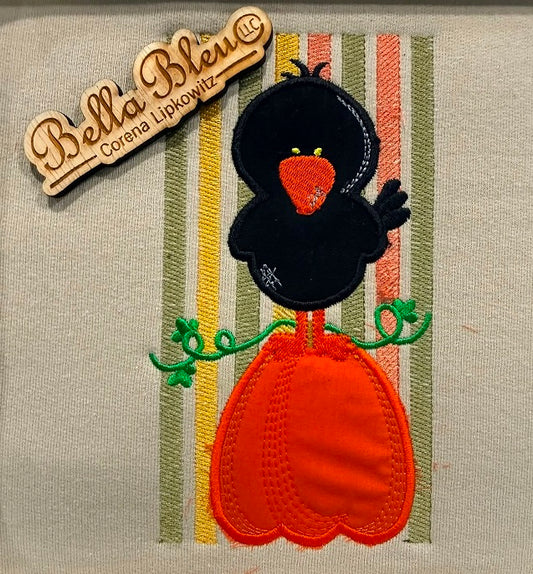 Sketchy Striped Fall Crow on Pumpkin Applique