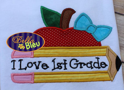 Back to School Split Chubby Pencil with Bow and Apple Applique Embroidery Design