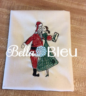 Machine Embroidery Design, Christmas 1950's Retro Mommy Kissing Santa Claus Filled line art