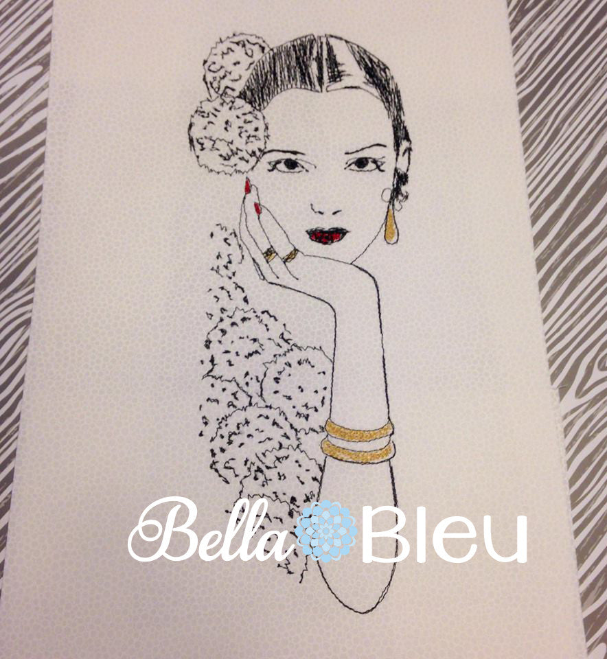 Spanish Lady with flowers Sketch Colorwork Redwork  Machine Embroidery Design