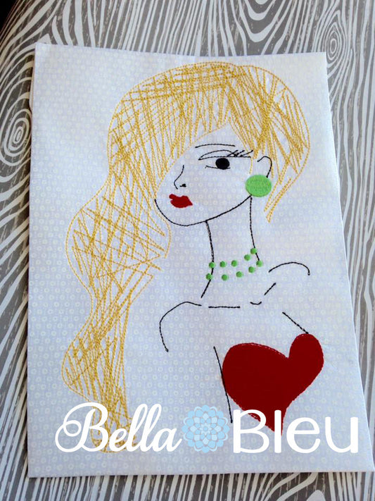 Retro Stylish Lady Line art machine embroidery design