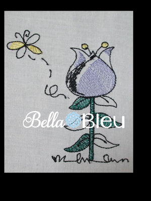 Sketchy Tulip and Butterfly Machine Embroidery Design