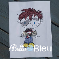 Boy Bookworm Reading Book Colorwork Machine Embroidery design