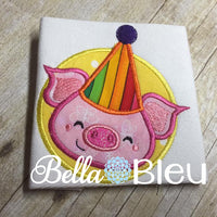Happy Birthday Pig wearing a hat machine applique embroidery design