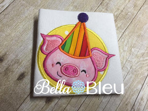 Happy Birthday Pig wearing a hat machine applique embroidery design