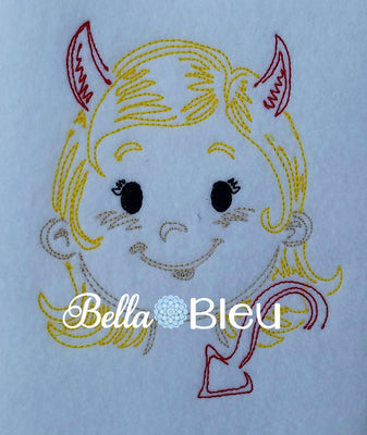 Colorwork Redwork Adorable Halloween Gothic Devil Girl With horns Machine Embroidery Design