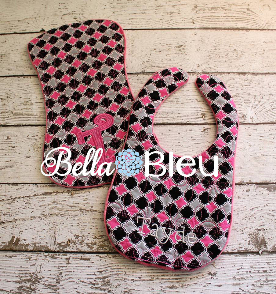 ITH In The hoop Baby Bib with Fleur De Lis Quilting Stipple Pattern Machine Embroidery Design 5 sizes