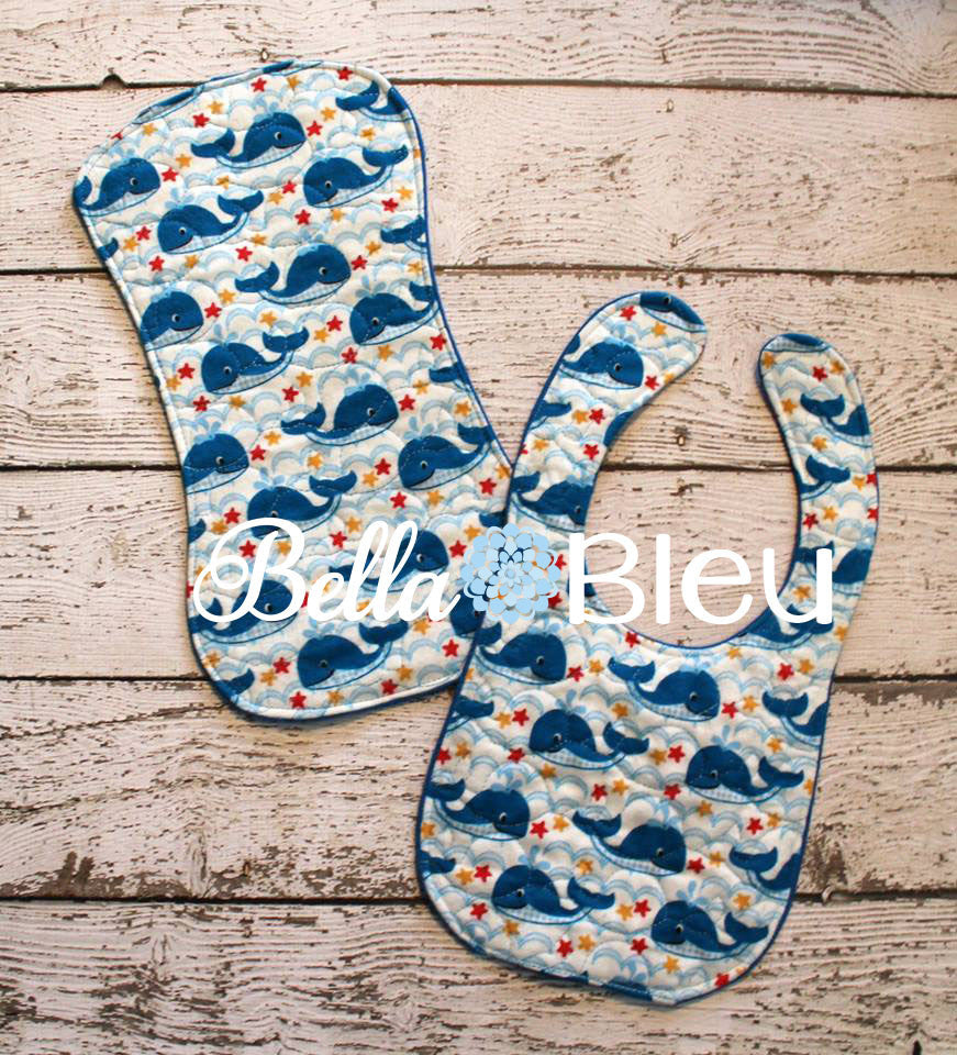 ITH In The hoop Baby Bib with Whale Whales Quilting Stipple Pattern Machine Embroidery Design