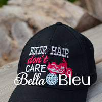 Biker Hair don't Care Baseball Hat Cap Machine Embroidery Design, Motorcycle Embroidery design