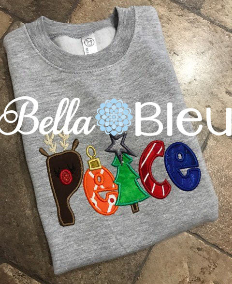 Christmas Peace Saying with Reindeer, Tree, Ornament Machine Applique Embroidery Design