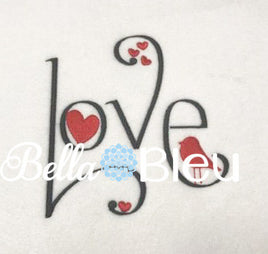 Love Words Saying with hearts and a bird Machine Filled Embroidery design