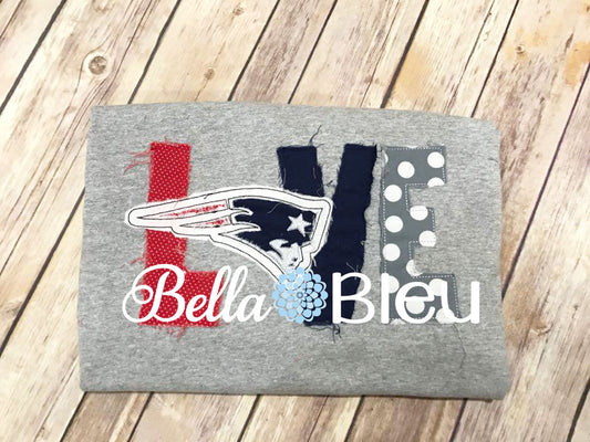 Sports Mascot Love Patriots Raggy Machine Applique bean design