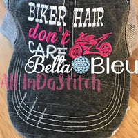 Biker Hair don't Care Baseball Hat Cap Machine Embroidery Design, Motorcycle Embroidery design