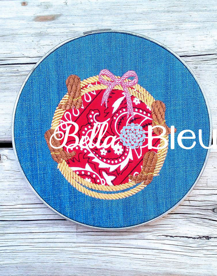 Western Rope and Cowboy Monogram Circle Machine Applique Embroidery Design