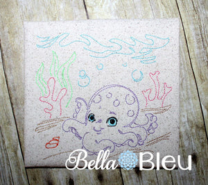 Sea Octopus Nautical Redwork Colorwork Machine embroidery design