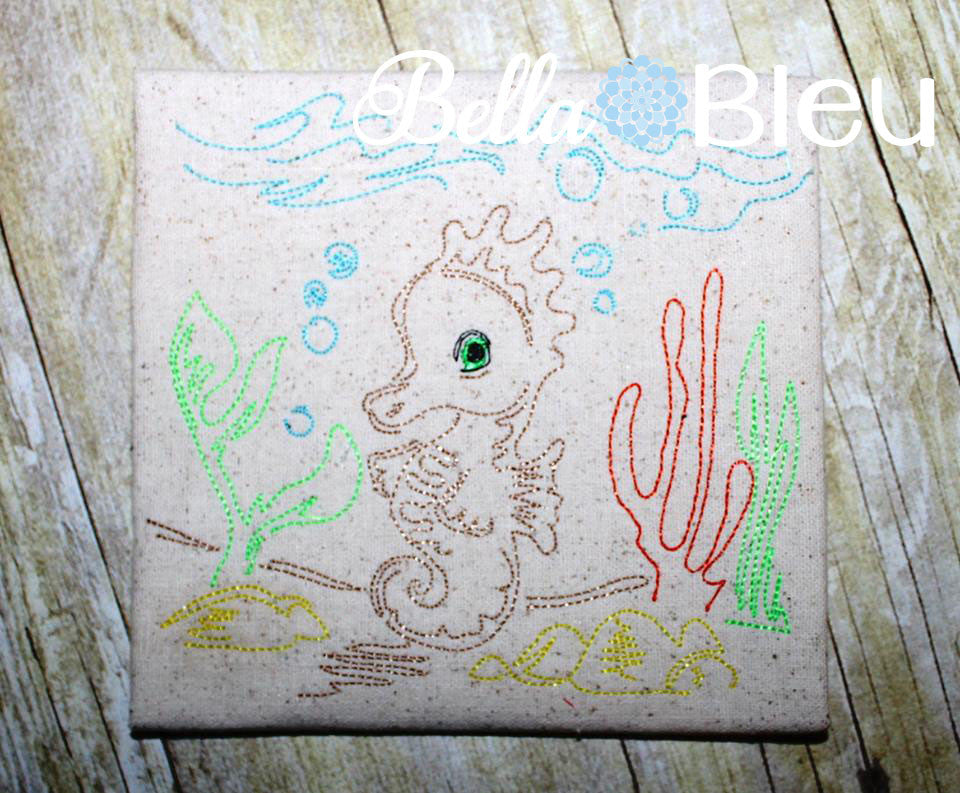 Beautiful Seahorse Nautical Colorwork Redwork machine embroidery design