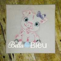 Baby Girl Pig Piggie with Bow farm animal machine embroidery colorwork design