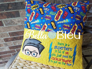 Super Hero Boy with Glasses Machine Applique Embroidery designs reading pillow towel topper