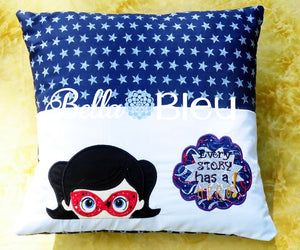 Super Hero Girl with Mask Machine Applique Embroidery designs reading pillow towel topper