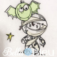 Sketchy Halloween Mummy with Bat machine embroidery design