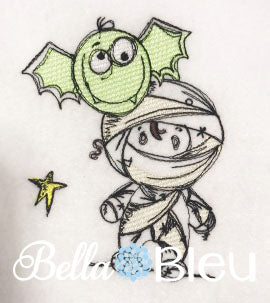 Sketchy Halloween Mummy with Bat machine embroidery design