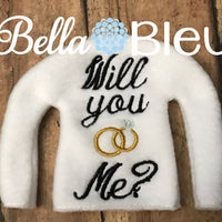 Wedding Elf "Will You Marry Me" with diamond ring and wedding band in the hoop machine embroidery design