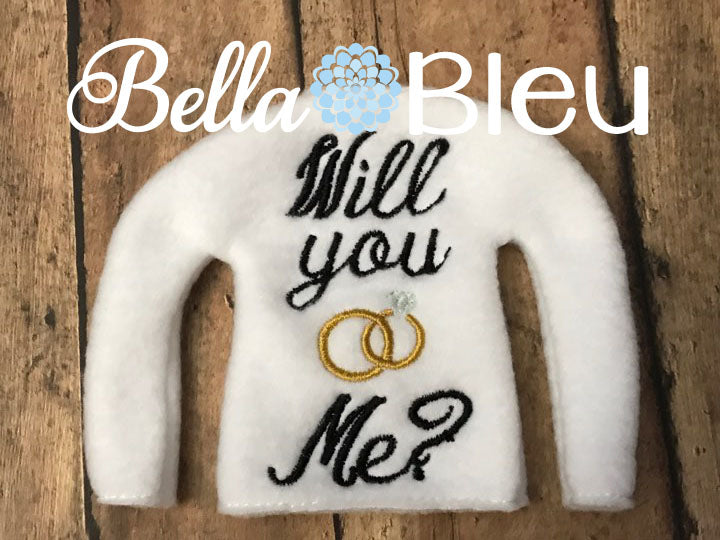 Wedding Elf "Will You Marry Me" with diamond ring and wedding band in the hoop machine embroidery design