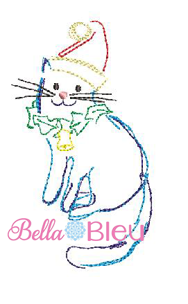 Bean Stitch Cat with Bell and holly machine embroidery design