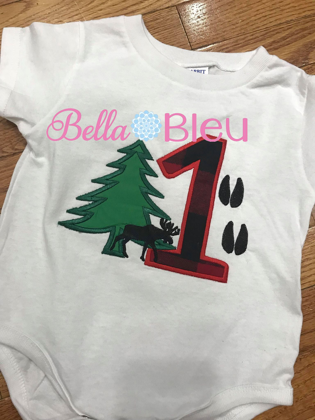 Baby's 1st First Birthday Lumberjack theme with pine tree , moose and deer tracks