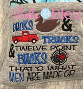 Men Ducks Trucks & 12 Point bucks reading pillow embroidery saying with Vintage Red truck, duck and some buck shots embroidery design