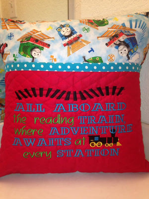 All Aboard Train Reading Pillow Saying Machine Embroidery Design