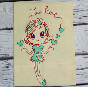 Sketchy Valentines True Love Girl Machine Embroidery Design