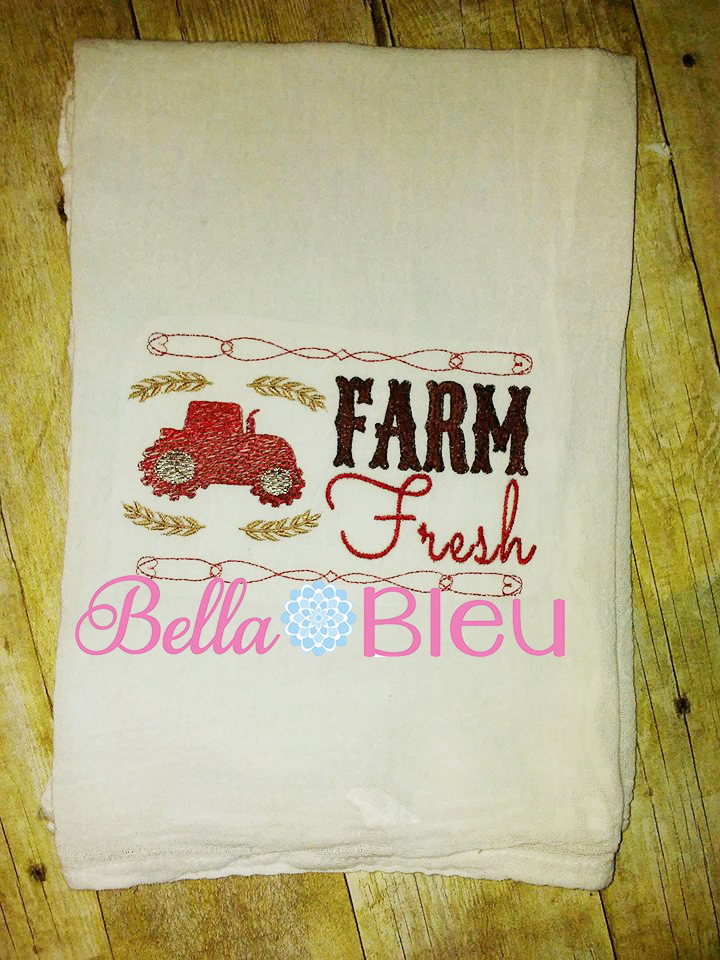 Farm Fresh Sketchy Tractor Kitchen Towel Machine Embroidery design