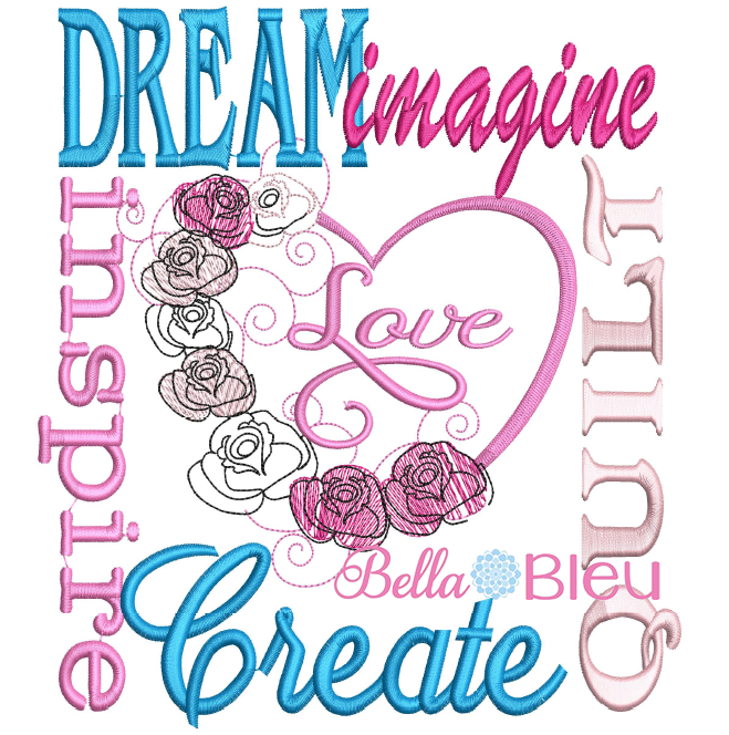 Quilting Saying Rose Heart Inspire Subway Art Machine Embroidery sketchy design